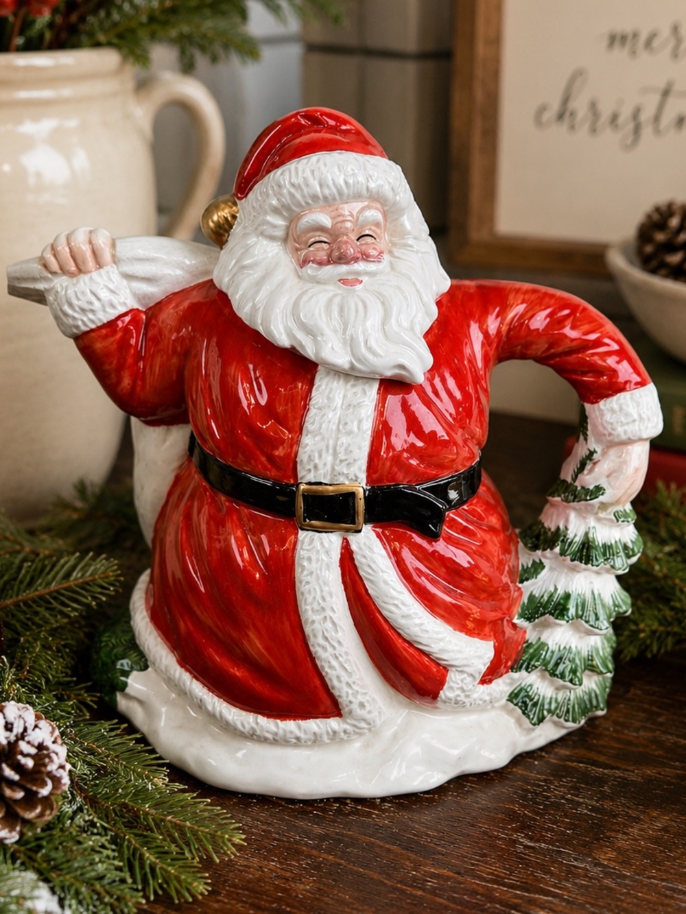 Vintage 1989 OCI Santa Claus Ceramic Cookie Jar Canister Tea Pot Red White